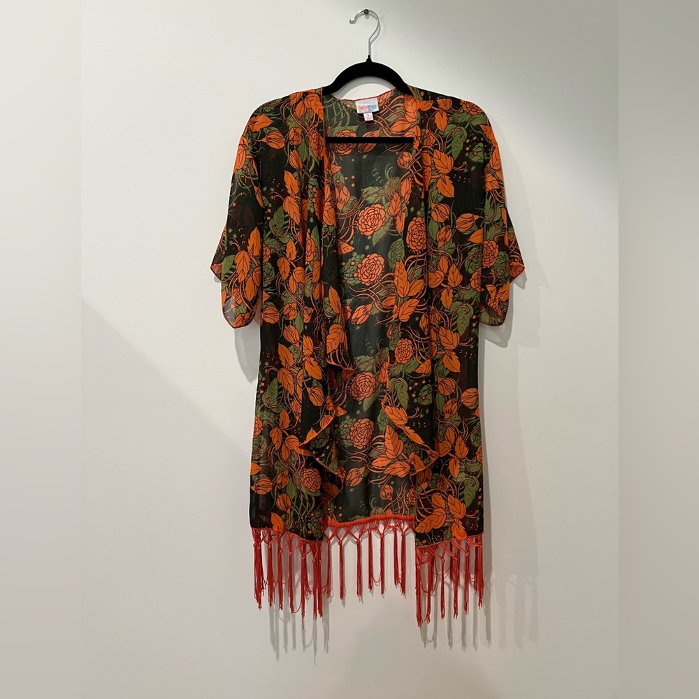 Women’s LulaRoe Semi Sheer orange floral and leaf pattern top Size 12